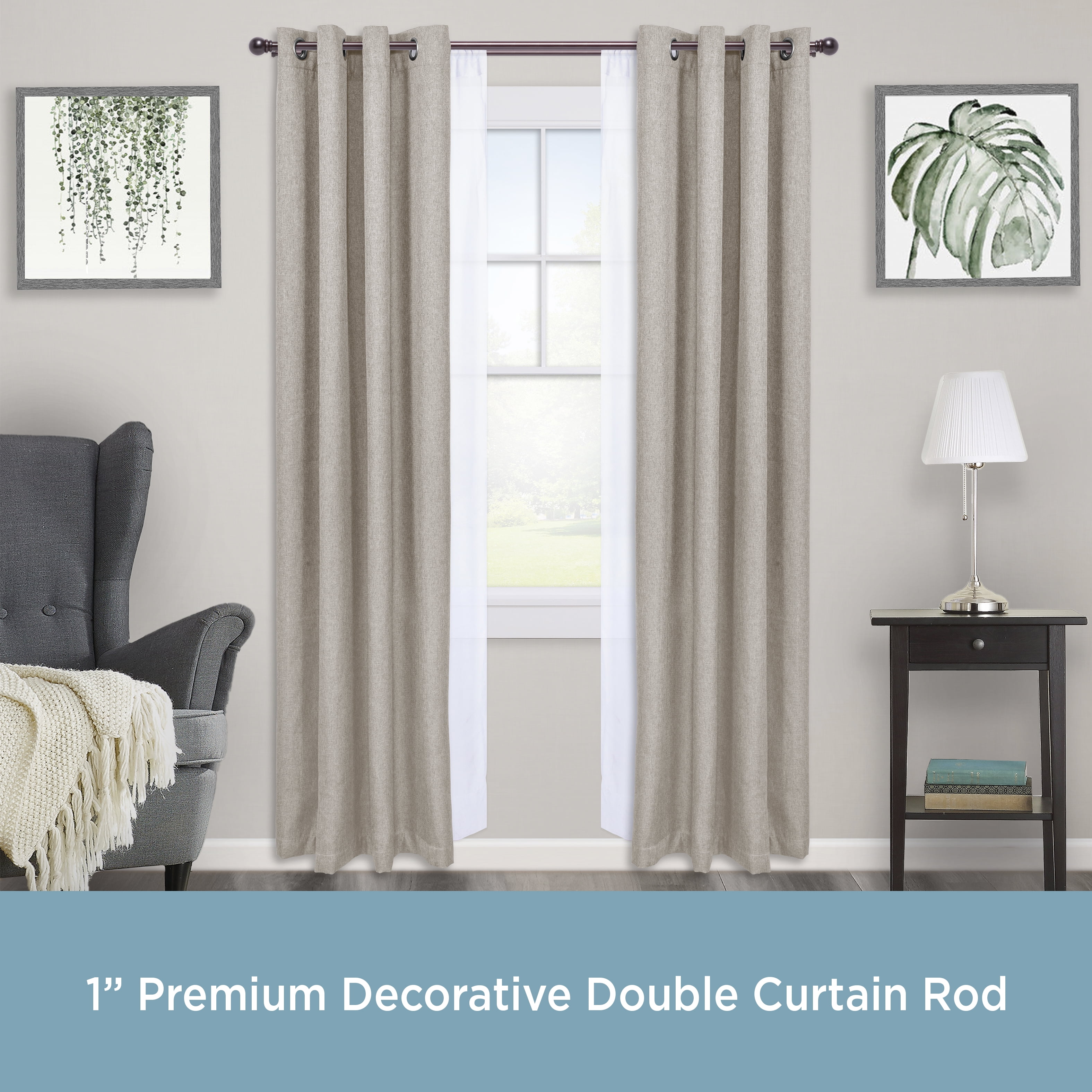 Kenney Hamlin Premium Steel Decorative Window Double Curtain Rod, 36-66" Adjustable Length, 1" Dia., Weathered Brown