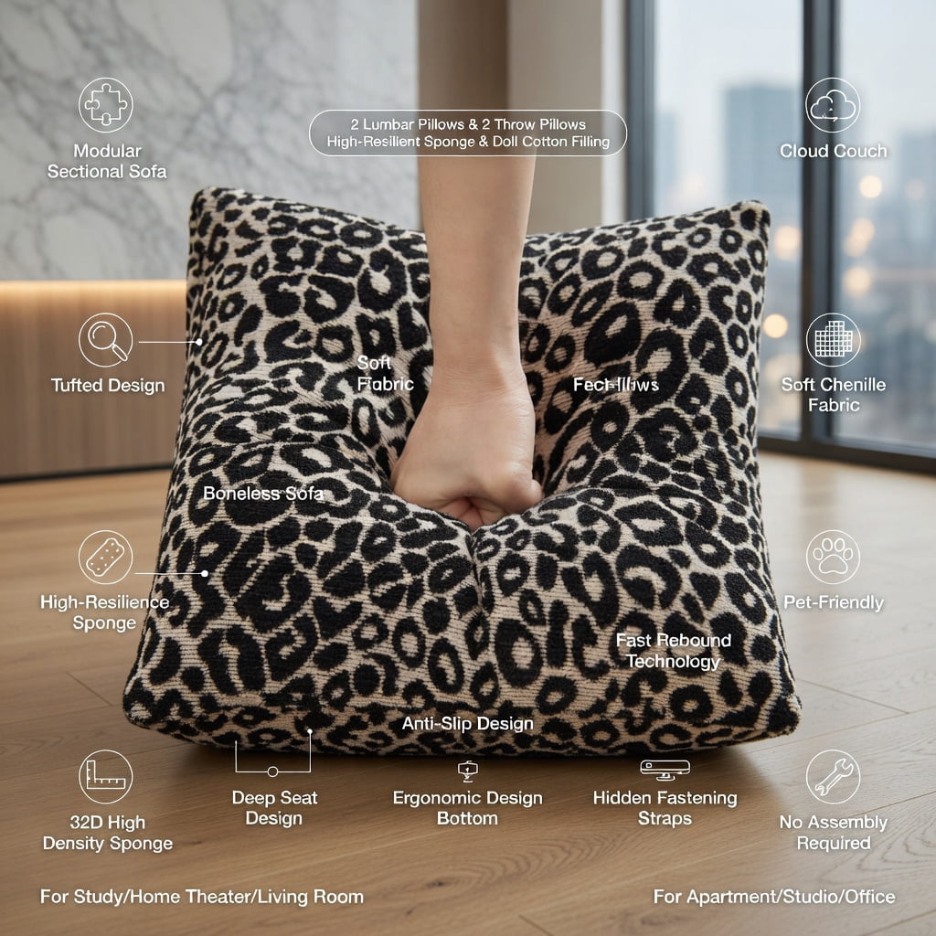 Hommoo 131" U-Shaped Modular Leopard Print Chenille Sofa Set with Tassel Trim, Movable Ottomans & Ergonomic Deep Seat Design, Living Room Sectional, khaki