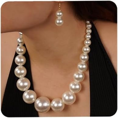 1920s Vintage Big Faux Pearl Strand Necklace with Earrings Set Large Chunky Pearl Choker Statement Chain for Women