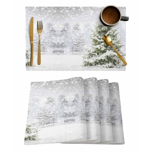 Winter Pine Tree Placemats Set of 4 Snowflakes Christmas Tree Plant Heat Insulation Washable Place Mats, Rustic Non-Slip Table Mats for Dining Table Party Kitchen Decor,13x19 Inch