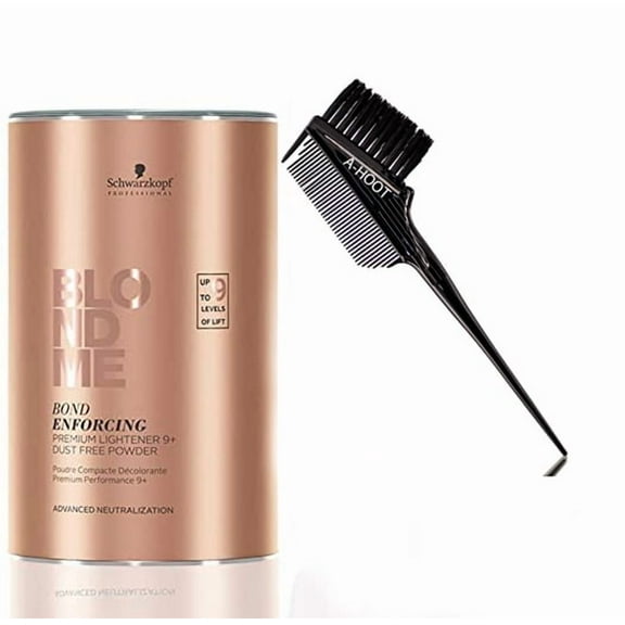 BlondMe Powder Bleach Premium Lightener 9  Dust Free 450 grams and A-HOOT Tint Brush/Comb (Bundle 2 items)