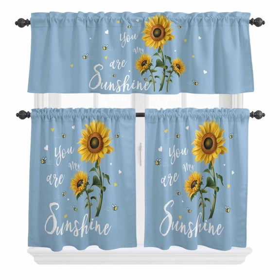 3 Piece Kitchen Curtains and Valances Set Light Blue Sunshine Sunflower Cafe Curtains 24 Inch Length Pastoral Bees Farmhouse Floral Valance & Tier Curtain for Living Room Bedroom 54"x18" 27"x24"*2