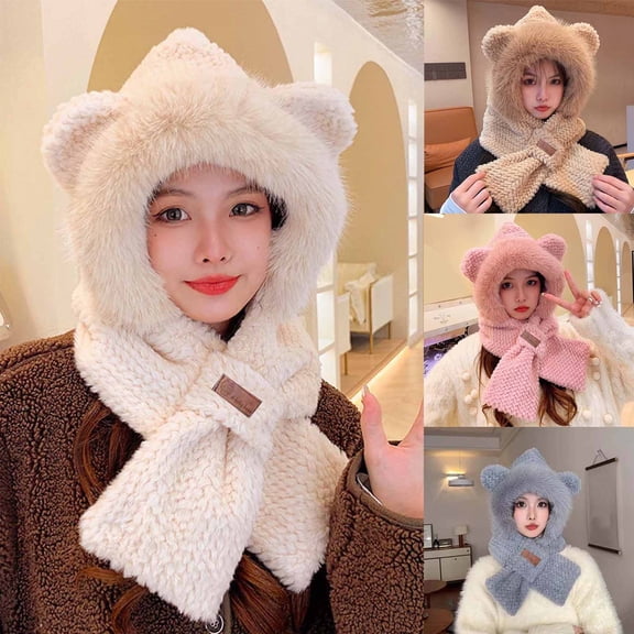 YTCAMLO Beanie ​​Winter Scarf Earflaps Cap Warm Cozy Fleece-Lined Integrated Winter Hat Cap Cute Ear Soft Plush Thick Hat Ski Warm Hat