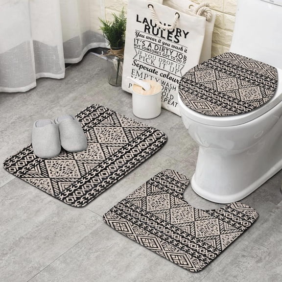 Black Geometric Diamond Pattern Bathroom Rugs Sets 3 Piece,Toilet Cover Set,Absorbent Non Slip Bathroom Mats Sets with U-Shaped Contour Rug Toilet Rug Set
