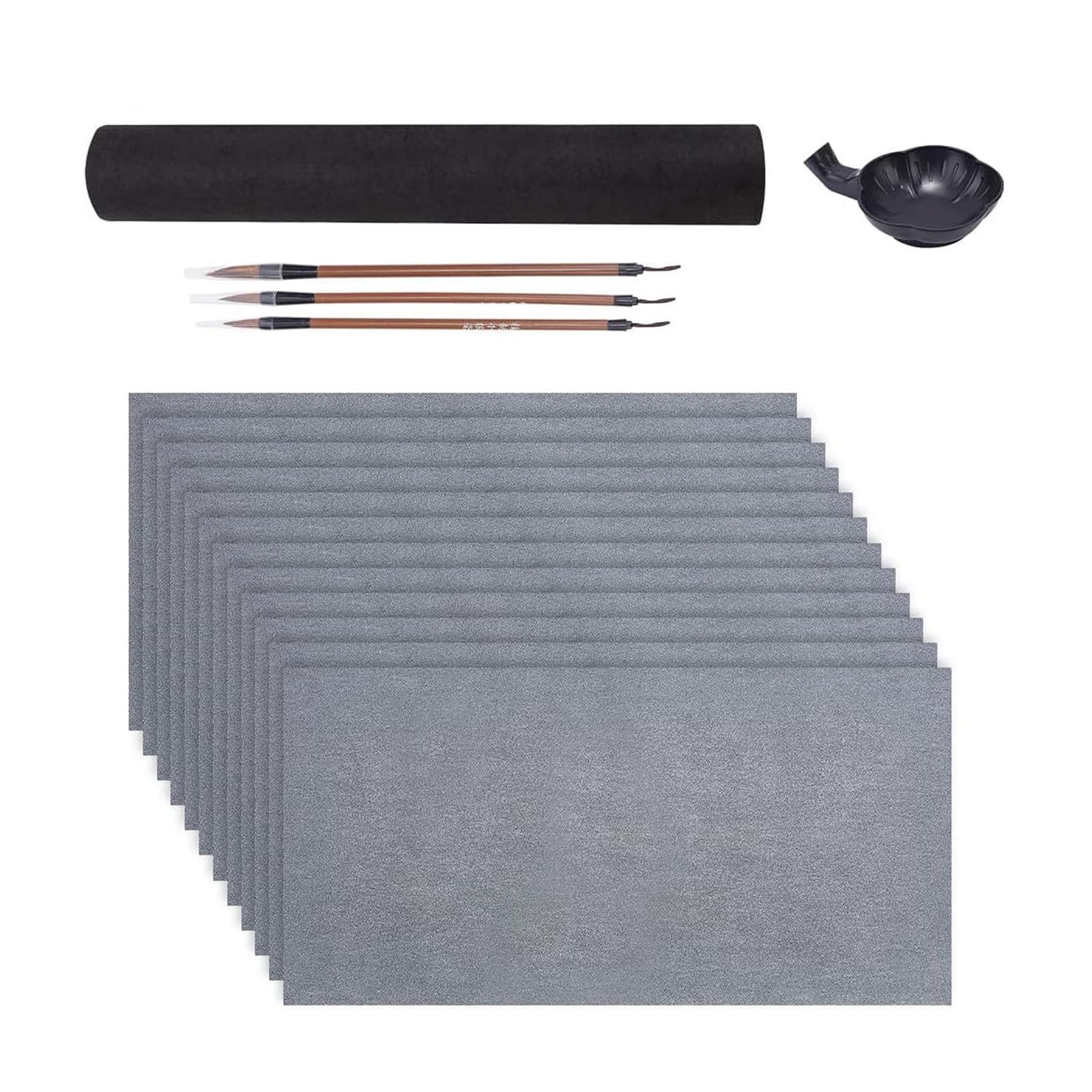 16Pieces Portable Set with 12 Water Writing Cloth 3 Handle Brushes and Inks Tray for Beginner Adult
