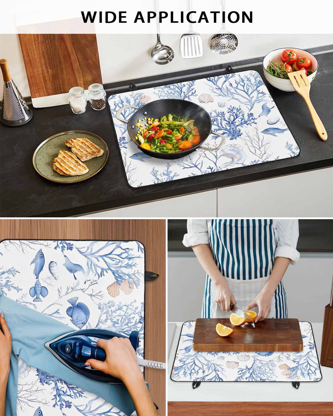 nqOlkjepod Large Induction Cooktop Protector Mat 36"x21", Blue Coastal Stove Top Covers for Electric Stove, Summer Ocean Fish Shell Decorative Stove Burner Cover Mats, Glass Top Stove Cover