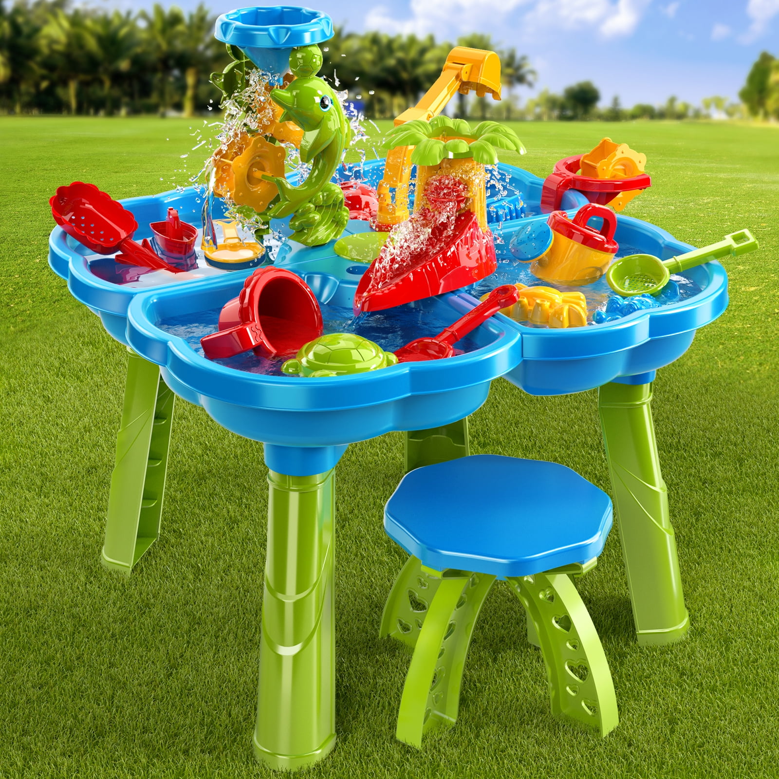 Smart Chef 4-in-1 Kids Sand Water Table for Toddlers 3-5, 32PCS Sandbox Table Kids Activity Sensory Play Table Summer Outdoor Toys for Toddler Boys Girls
