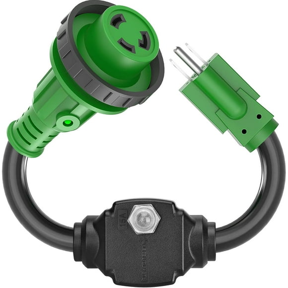 Protecteur contre les Surcharges 30 A vers 110 Volts Adaptateur pour VR avec Disjoncteur, Adaptateur d'Alimentation Électrique NEMA 5-15P vers NEMA L5-30R avec Indicateur d'Alimentation à DEL, 18 Pouces, Vert, Homologué ETL