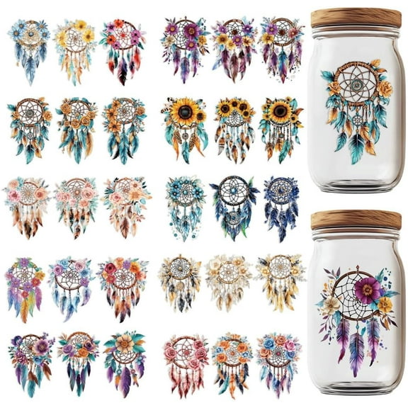 30 Pcs UV DTF Cup Wrap Transfer Stickers for 16OZ Glass Cups Dreamcatcher Printing Rub on Transfers Wraps Waterproof Iron on Transfer Decals for Cups Furniture DIY Crafts