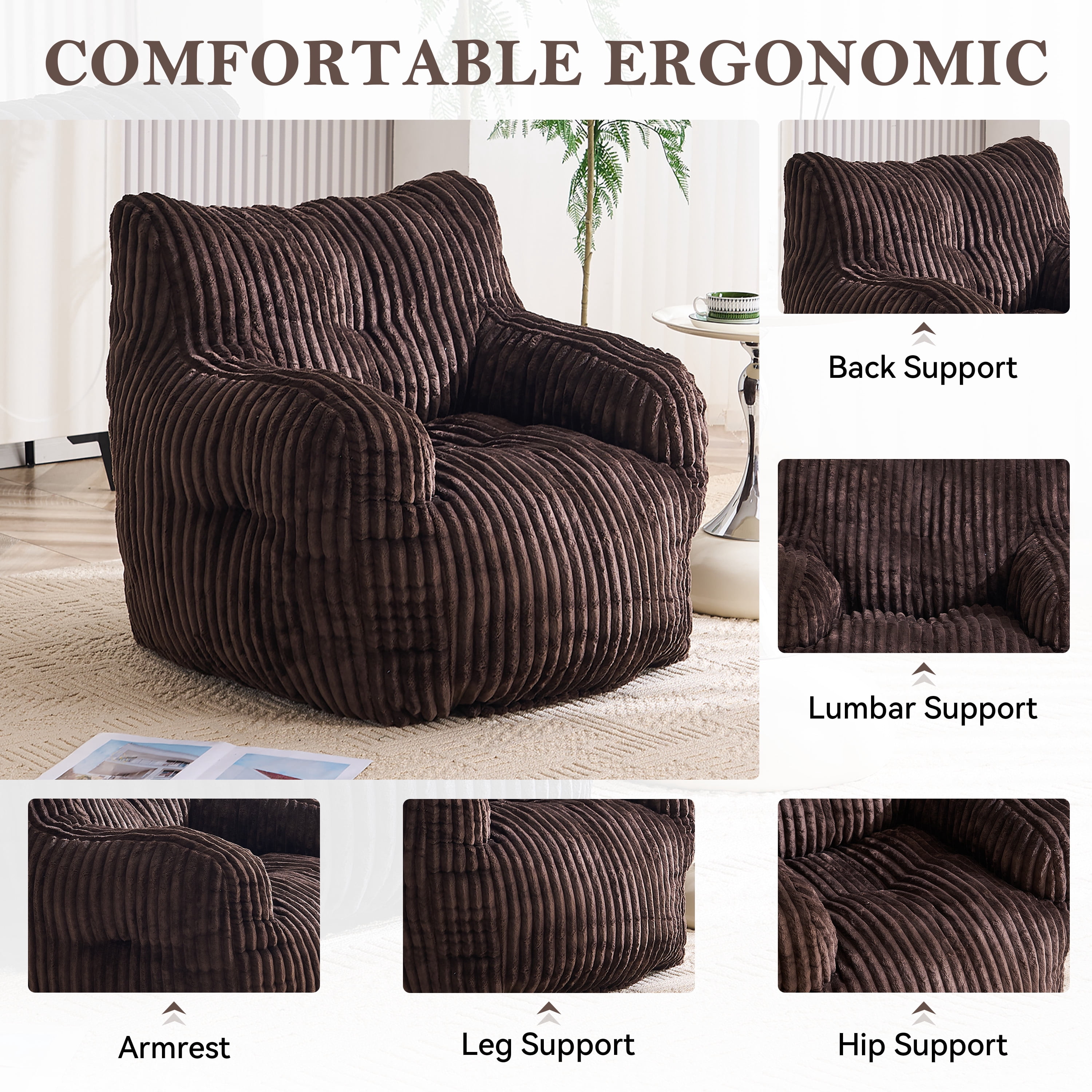 Soft Fluffy Corduroy Fabric Bean Bag Chair Filled With Memory Sponge,Brown