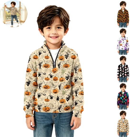LTTVQM Halloween Sweatshirt for Boys Girls Cute Ghost Pumpkin Pattern Half Zip Stand Collar Cable Knit Long Sleeve Pullover Casual Warm Comfortable Outdoor Holiday Party Sweater Complexion 3-4 Year