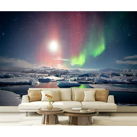 Peel and Stick Wallpaper Mixed dancing Jokulsarlon lagoon Iceland Modern Art Wall Mural Decor Self Adhesive and Removable 69in x 98in