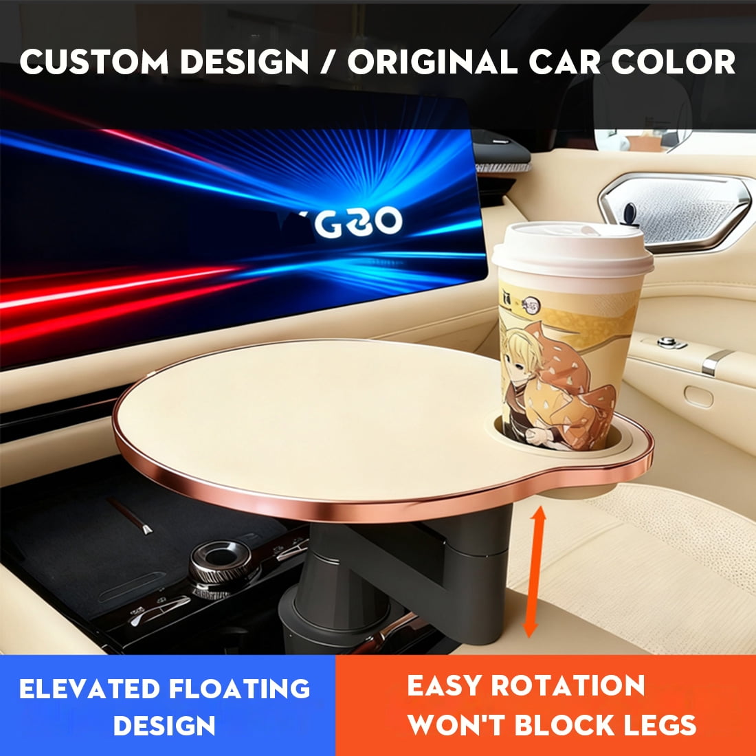 Multifunctional Car Table for Front Seat – 360° Rotation with Cup Holder, Laptop Tray for Driver & Passenger – Fits 2.8-3.9 Inch Cup Holders, Fits Most Car