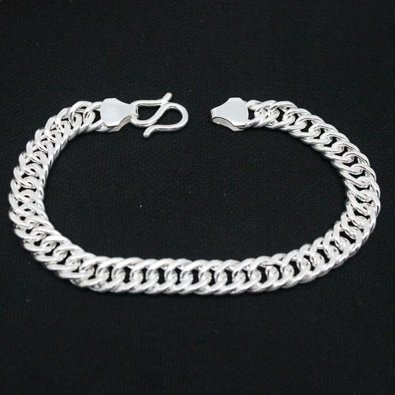 HOOUN Pure 999 Fine Silver Chain Men Lucky 8mm Curb Cuban Link Bracelet 24-25g/7.8inch