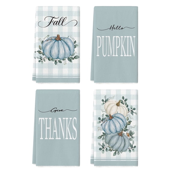Sm:)e Give Thanks Eucalyptus Leaves Watercolor Blue Pumpkins Fall Kitchen Dish Towels Set of 4, 18 x 26 Inch