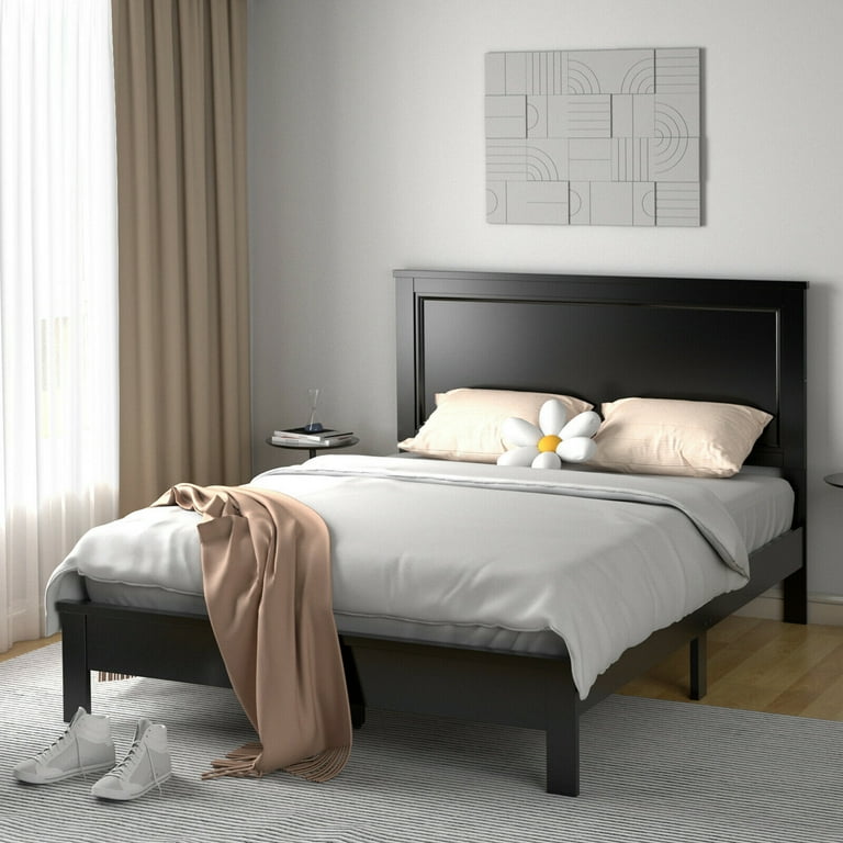 Gymax Queen Size Bed Frame with High Headboard, Rubber Wood Legs