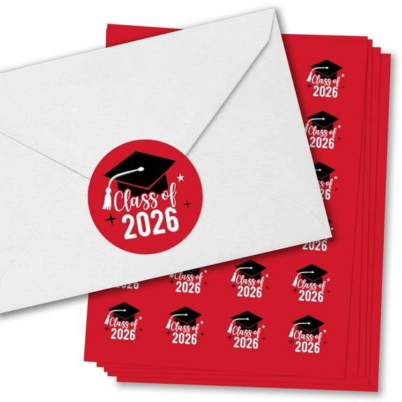 Big Dot of Happiness Class of 2026 Red Grad Party Envelope Seal Stickers, Round Circle Stickers to Seal Cards, Graduation Envelope Seals - 120 Count