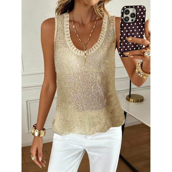 Women's Gold Sparkly Sheer Knit Tank Top Asymmetrical Hem Sleeveless Casual Summer Camisole