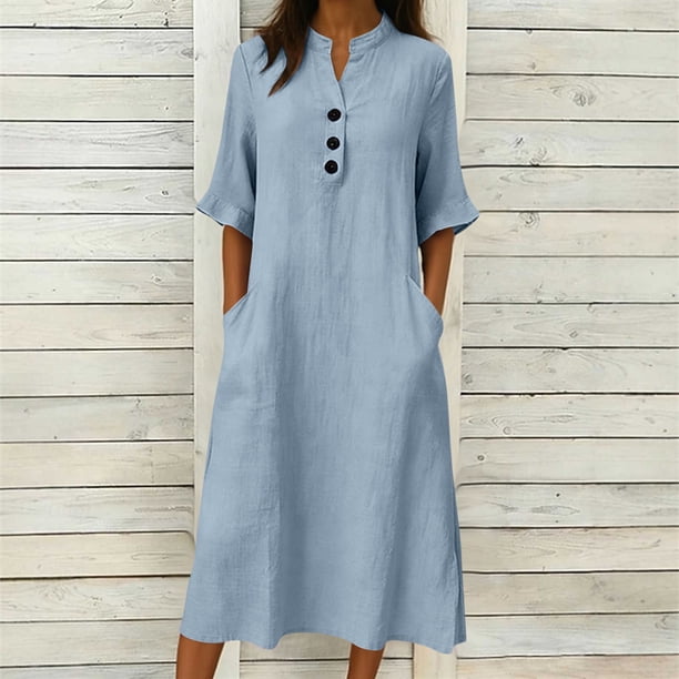 TaTaai Ladies V-Neck Ruffle Half Sleeve Solid Color Long Dress Button Down Design with Pockets Fashion Casual Comfortable Dress for Women Gift