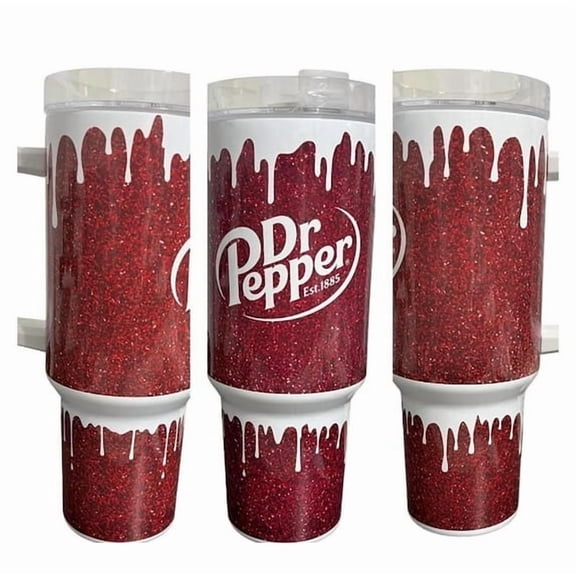 Dr Pepper Tumbler, 40oz Tumbler, Paint Drip Design, Christmas Gift, 40oz Stainless Steel, Tumbler with Handle, Glitter Design, Perfect Gift
