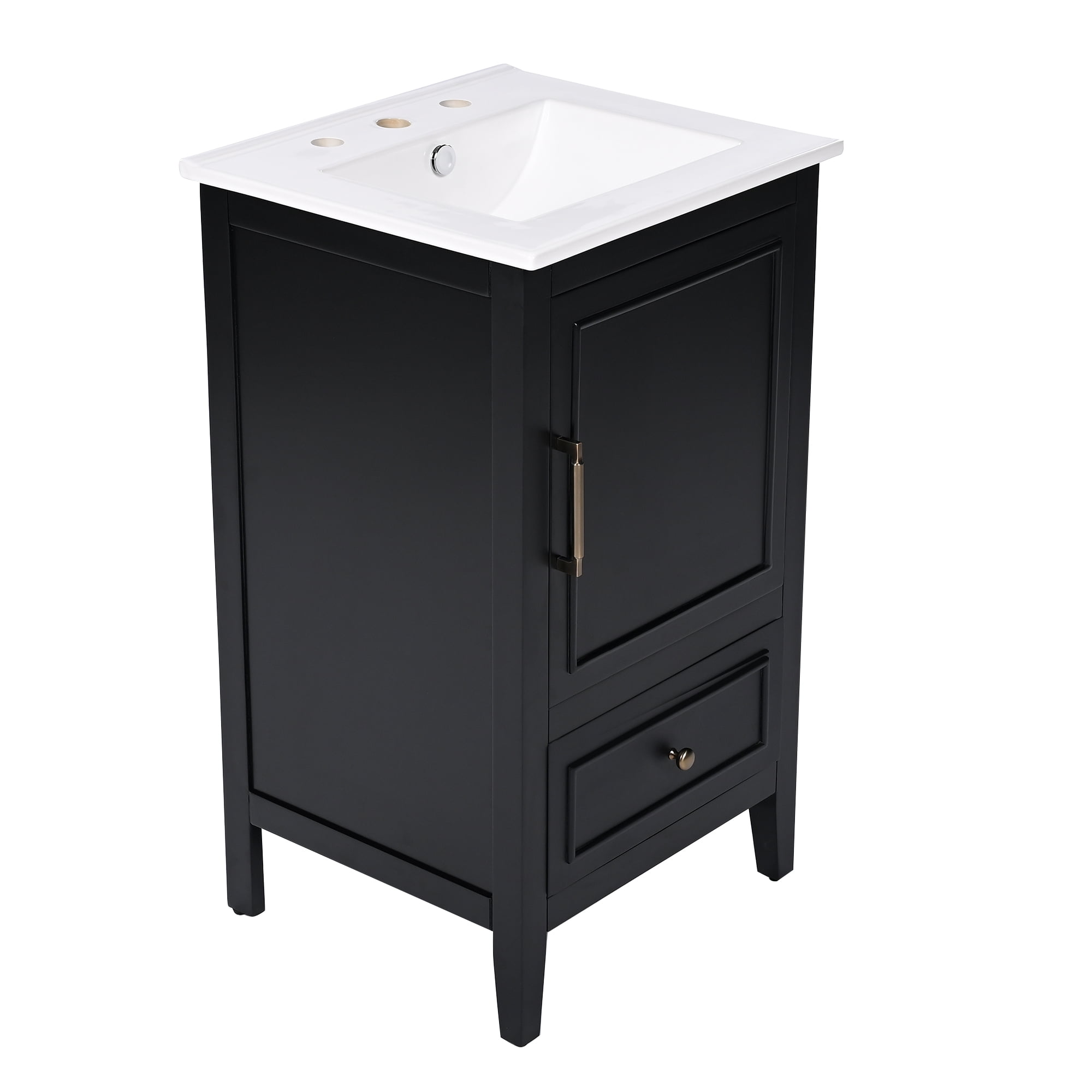 20" Bathroom Vanity with Sink, Black Vanity Cabinet with Storage Drawer & Door, Semi-Lune Ceramic Basin, Adjustable Feet for Small Bathroom
