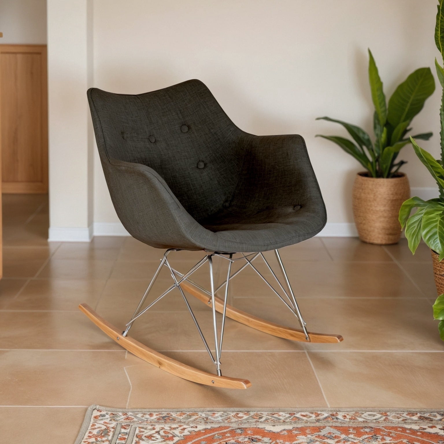 Modern Upholstered Rocking Chair – Small Accent Chair for Nursery, Kids, or Living Room | Cedar Brown Glider with Curved Back & Wood Rocker Legs