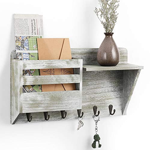 Wall Mounted Mail Holder Wooden Mail Sorter Organizer with 6 Key Hooks