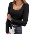 thumbnail image 2 of Compression Long Sleeve Shirts Womens Square Neck Basic Tops Y2K Street High Stretch Gym Club Daily Black XL, 2 of 7