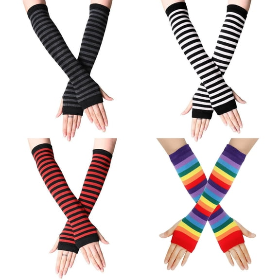 GIRACOA 4 Pairs Striped Arm Warmers Long Fingerless Gloves for Women, Knit Arm Warmers Gloves Fingerless Long Wrist Warmers Autumn Winter Accessories for Women