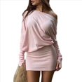 thumbnail image 2 of Vestido Holgado Transparente con Mangas Murciélago, Hombros Descubiertos, Larga, Minivestido con Volantes, Informal, Extragrande, para Calle. Rosa L, 2 of 10