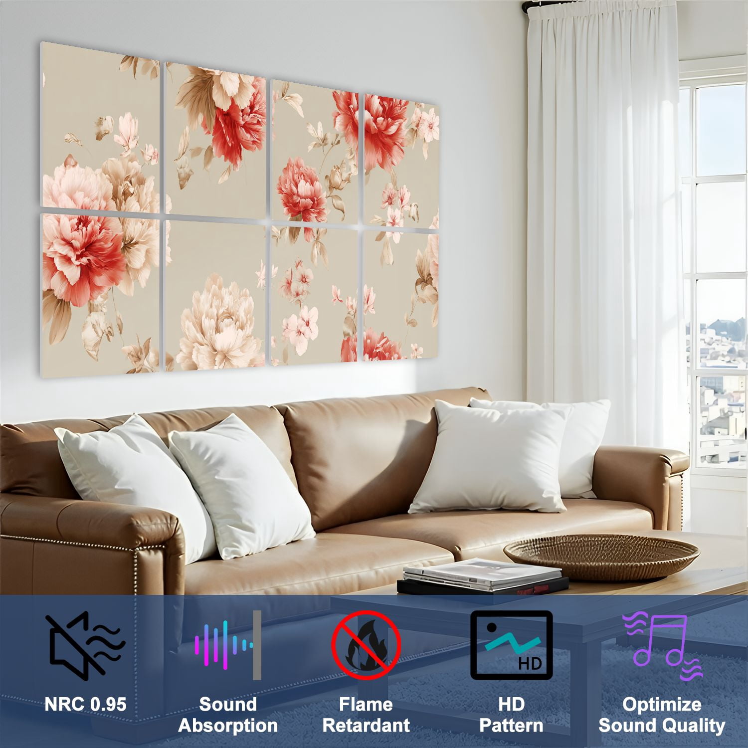 8 Pack Art Acoustic Panels Sound Absorbing Red Pink Floral Soft Beige Decorative Soundproof Wall Panels Self Adhesive for Nursery Game Room Bedroom 48"x32"