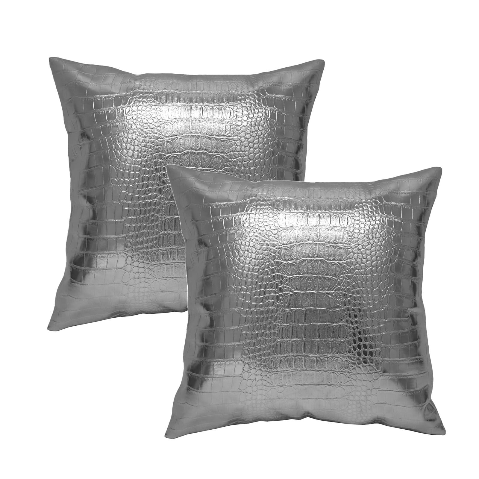 MUKA 2 Pcs PU Leather Throw Pillow Covers 18 X 18 Inches, Solid Dyed Crocodile PU Leather Sofa Backrest Throw Pillow Cover-Silver