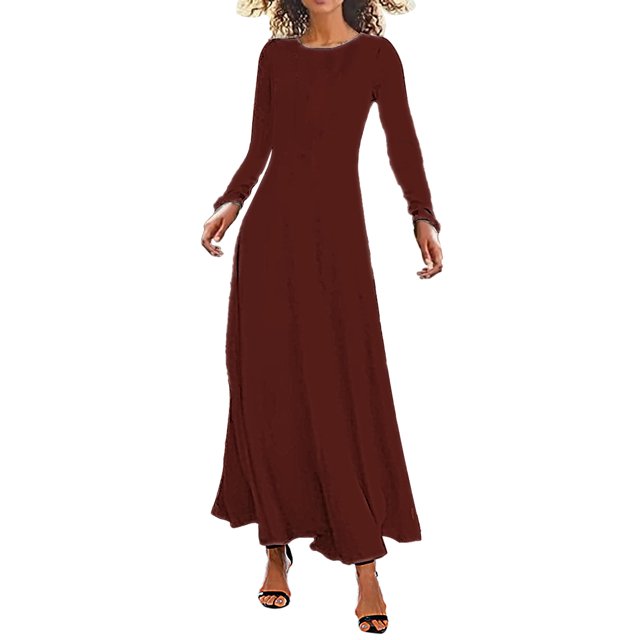 WTXUE Robes Maxi, Robe Maxi Trapèze à Manches Longues à Col Rond, Robe Longue Bohème Décontractée à Fleurs Ample Unie pour Femme Grande Taille, Taille TG