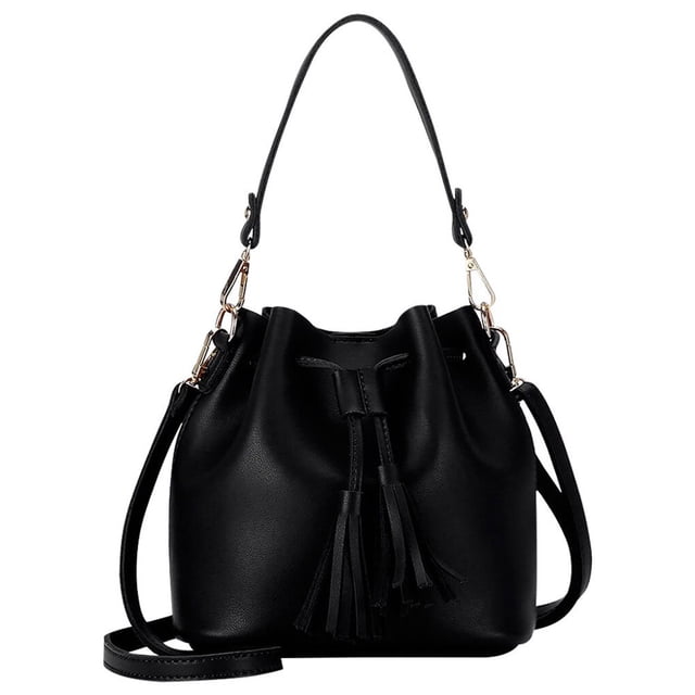 Chok 1111Fourone Bucket Bag Faux Leather Tassel Drawstring Crossbody Pouch Women Solid Color Shoulder Bag Handbag