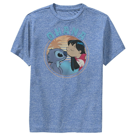 Boy's Lilo & Stitch Ohana and a Kiss  Performance Graphic Tee Royal Blue Heather Large