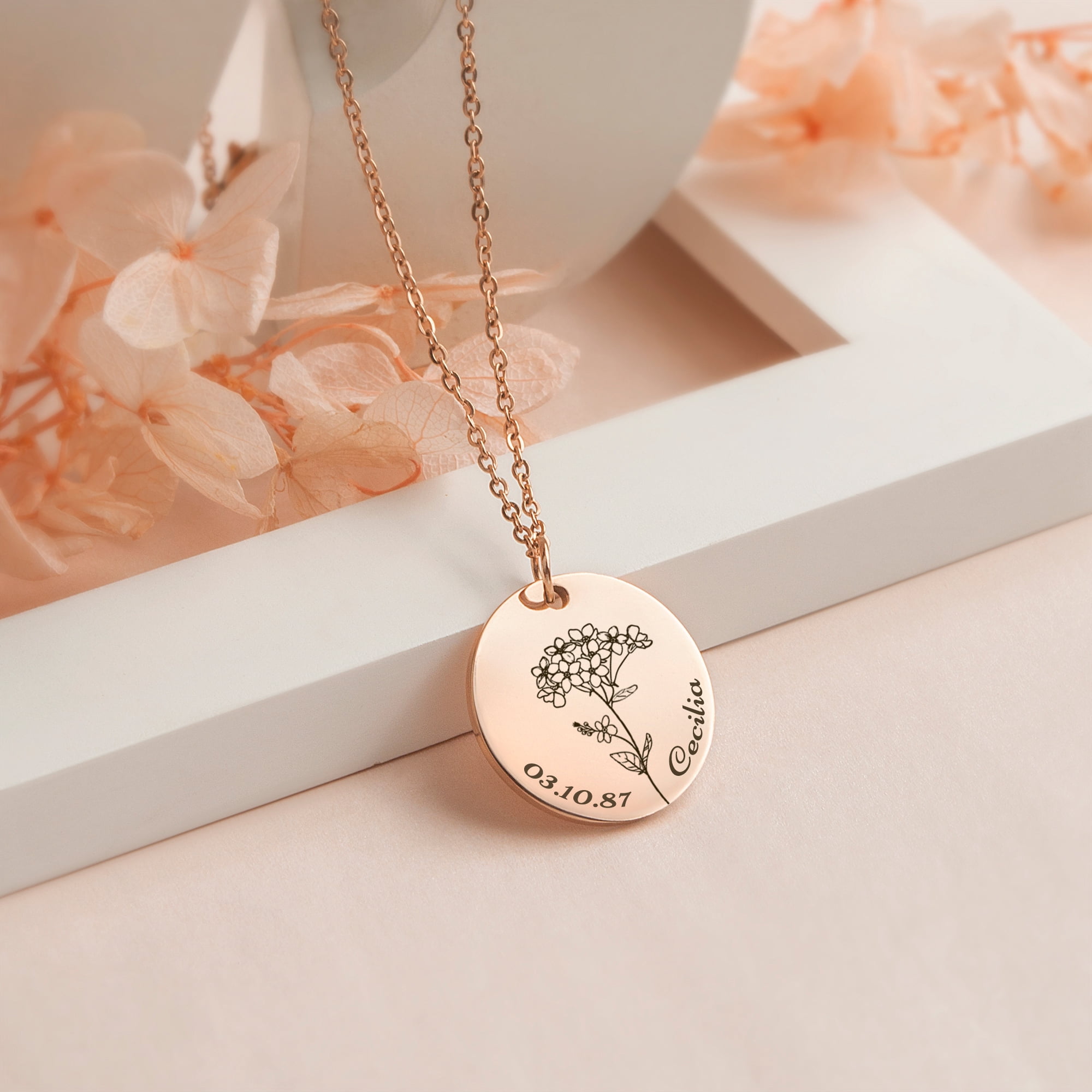 Anavia Personalized Womens Birth Flower Round Stainless Steel Charm Necklace Gift for Her