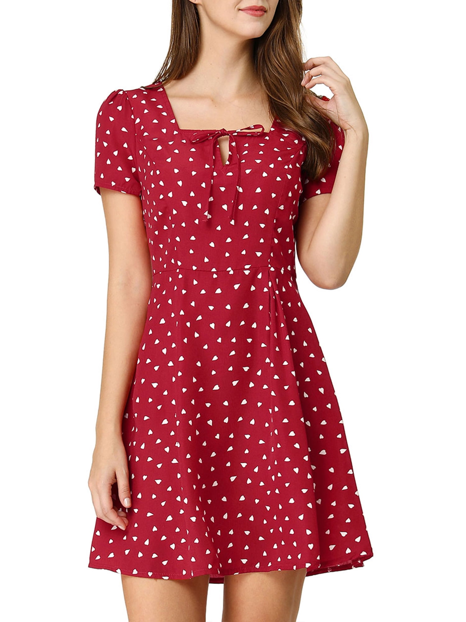 DARING DIVA Square Neck Short Sleeve Print A-Line Dress XS Red-Heart