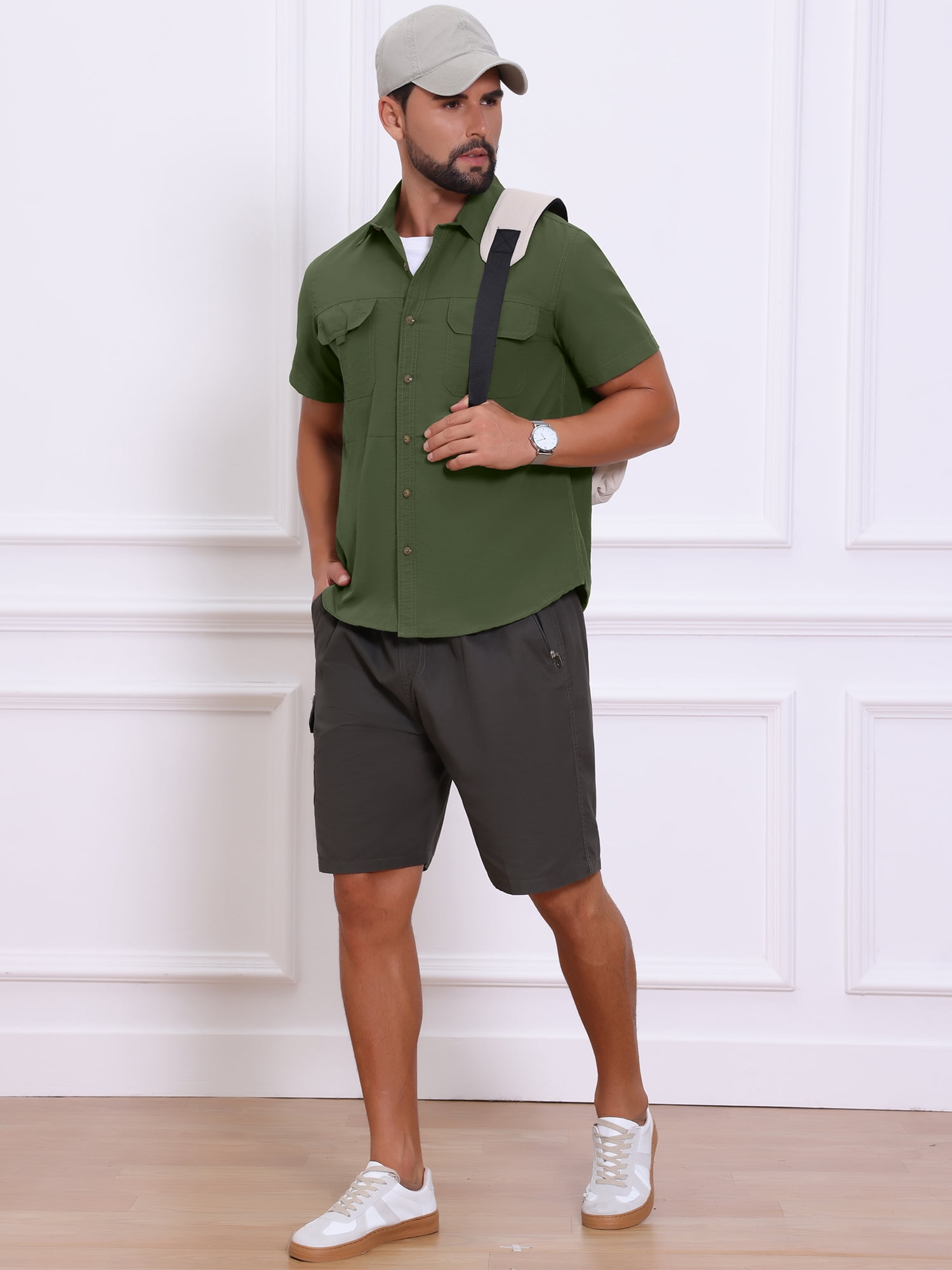 DARING DIVA Men's Solid Cargo Short Sleeve Button Down Utility Shirts L Olive Green