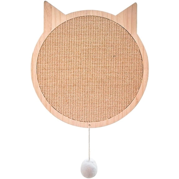 Kats'N Us Wood Cat Scratcher - Cat Face Shape 12" Hanging or Suctioned Scratching Board with Dangling Fluffy Ball Toy