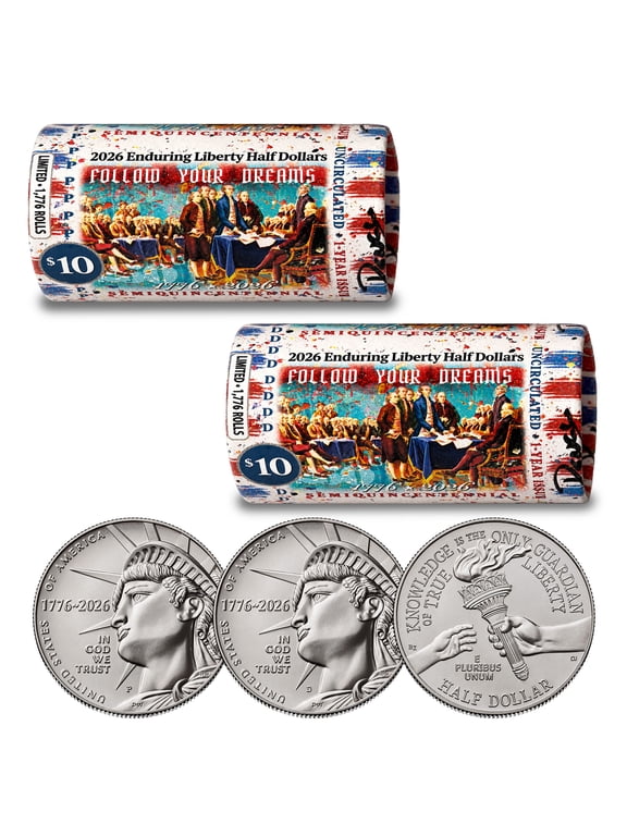 Collectible 2026 P & D Set Enduring Liberty Half Dollar Coin Rolls • RENCY ART “Follow Your Dreams” • Limited Edition of 1,776