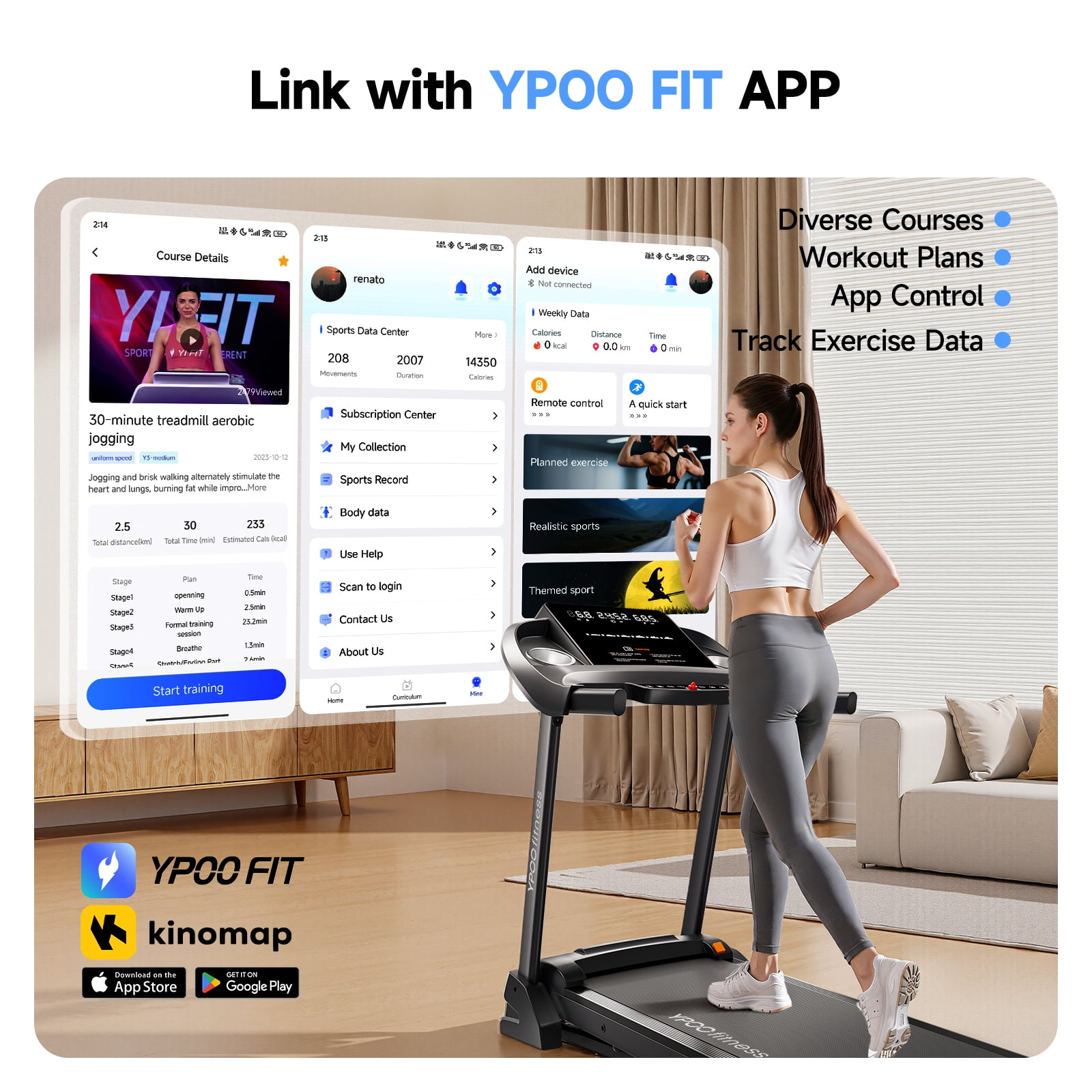 YPOO Portable Folding Treadmill for Home/Office, Electric Running & Walking Pad with Incline, 300 lb Capacity, App Control, Bluetooth Speakers, Exercise Machine