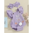 thumbnail image 3 of Bslissey Baby Girls Fly Sleeve Romper Bunny Carrot Embroidery Frills Jumpsuit Backless Bodysuit with Bow Headband 3M 6M 12M 18M Newborn Infant Easter Casual Clothes, 3 of 9