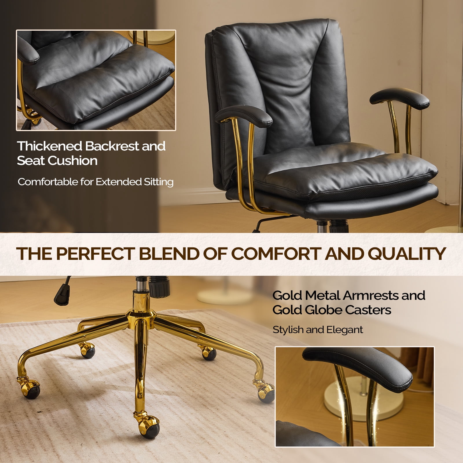 Ktaxon Office Chair High Back Study Chair PU Leather Adjustable Swivel Vanity Chair with Padded Armrests for Conference and Home Black