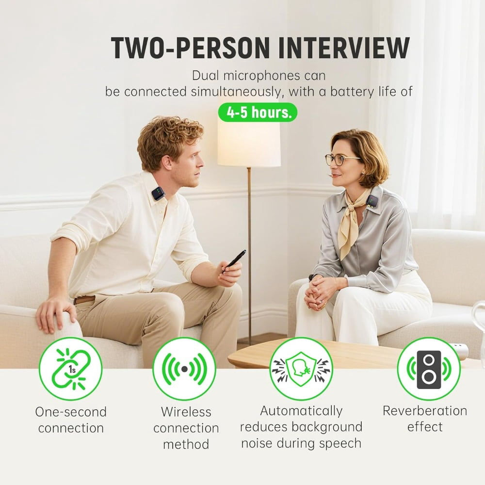 4 in 1 Mini Wireless Lavalier Microphone System Clip-On Mic for Iphone And Android, 48-Hour Battery Life with Reverb And Mute Features, Ideal for Video Recording, Vlogs