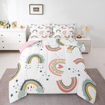Homewish Kawaii Rainbow 3-Piece Full Size Comforter Sets for Teens Boys Girls,Dreamy Princess Bedding Comforter Set,Stars Love Heart Print Lightweight Bedding Sets,Lightweight Room Decor,Reversible
