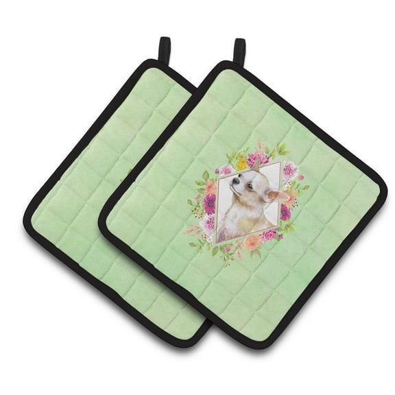 Chihuahua #2 Green Flowers Pair of Pot Holders