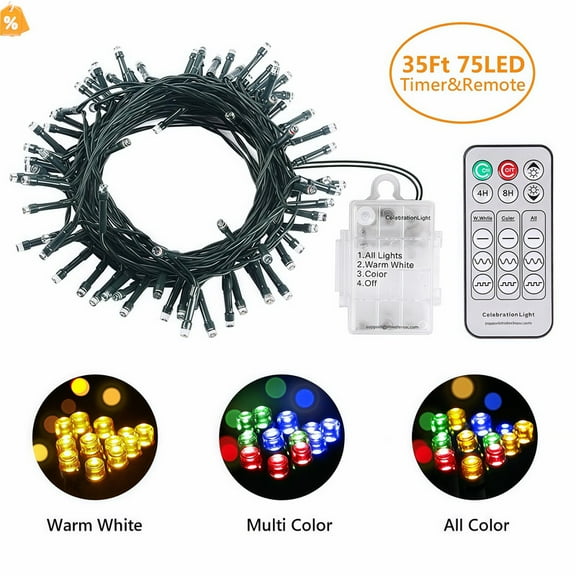 35ft Christmas String Lights with Remote, 75 LED Battery Operated Fairy Lights for Indoor & Outdoor, 3 Colors 9 Light Modes