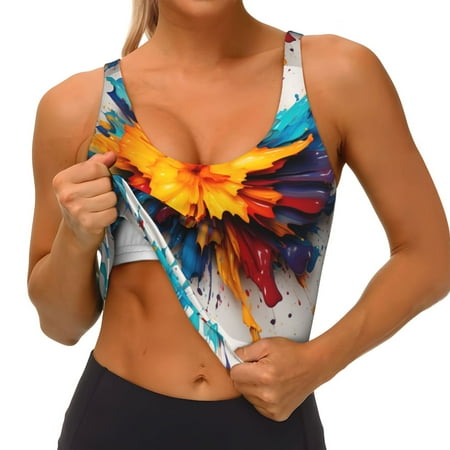 Qokaie Colorful Paint Print Pattern Womens Scoop Neck Sports Bra Breathable Workout Vest Padded U Back Medium Impact Fitness Gym Yoga Bra Workout Crop Top