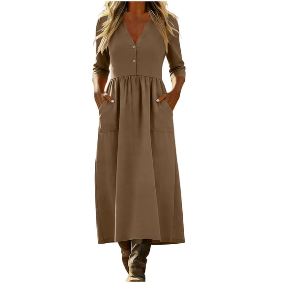 Purcolt Women's Cotton Linen Maxi Dress Casual V Neck Long Sleeves Loose Sundress Summer Beach Shirt Dress with Pockets
