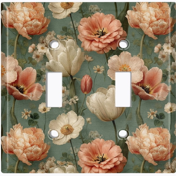 Metal Light Switch Wall Plate Outlet Cover (Printed Image of Vintage Blooming Flowers - Double Toggle)